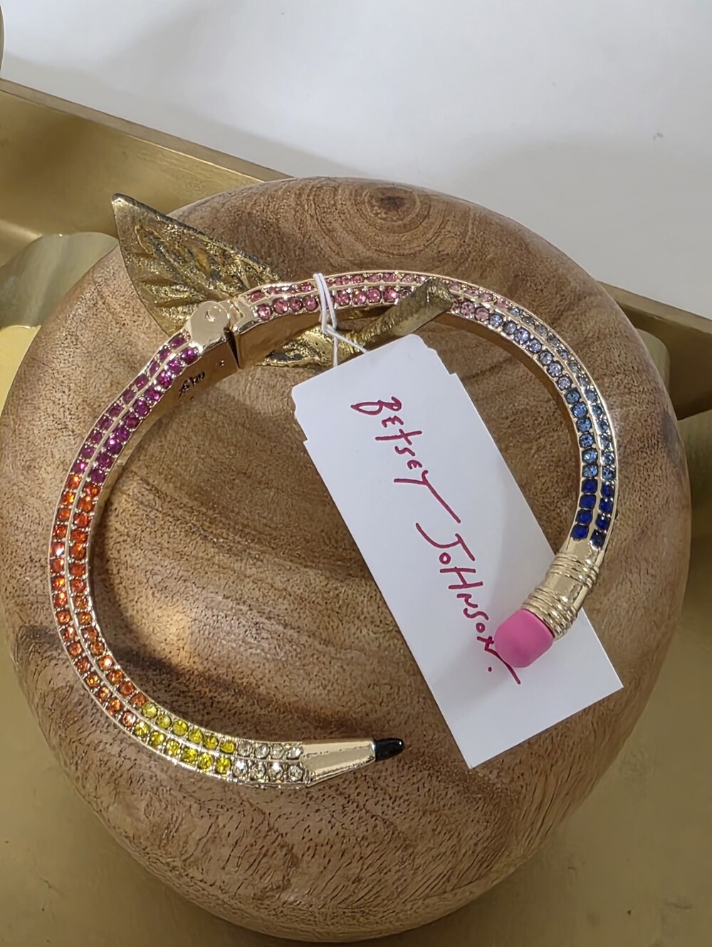 Betsey Johnson Gold Rainbow Crystal Pencil Headband with Pink Eraser